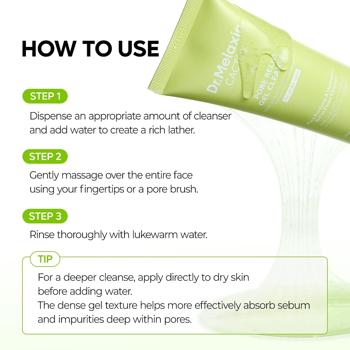 Dr.Melaxin Cactox Pore Relief Gel Cleanser, Hydrating Gel-to-Foam Facial Cleanser for Pore Cleansing and Enlarged-Looking Pores, 120ml