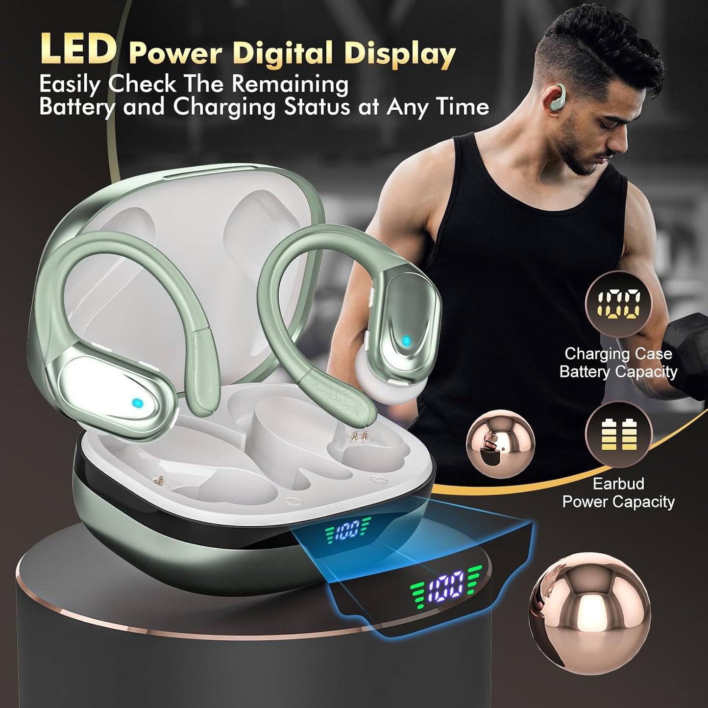 HAOYUYAN Wireless Earbuds, Sports Bluetooth Headphones, 80Hrs Playtime Ear Buds with LED Power Display, Noise Canceling Headset, IPX7 Waterproof Earphones for Workout/Running(Light Green)