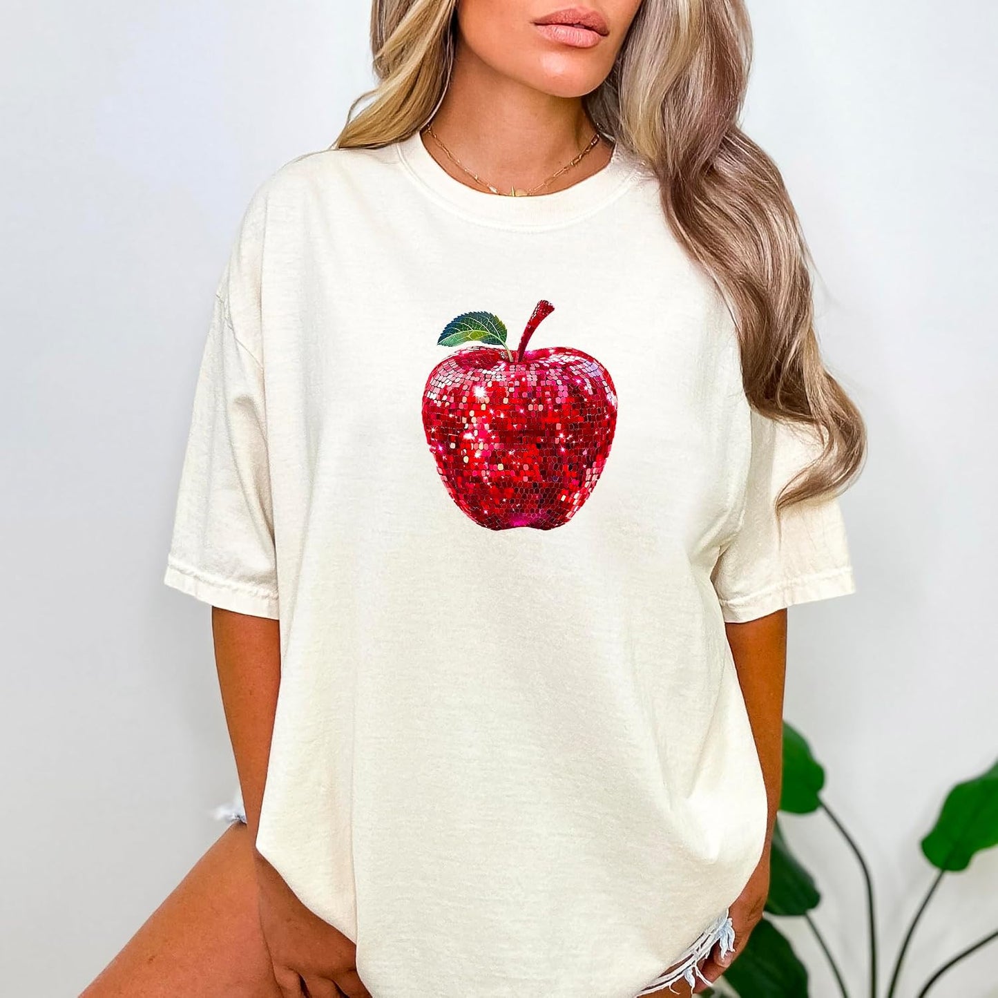 Red Disco Apple Shirt for Women & Teens Faux Glitter Apple Tee for Teachers and Students