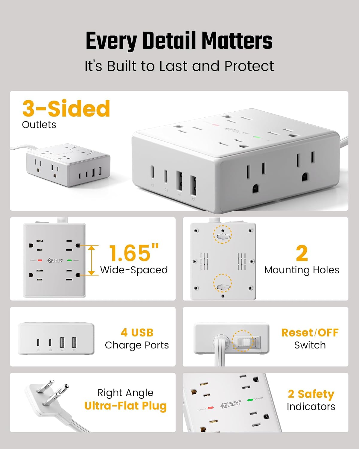 SUPERDANNY Extension Cord,Flat Plug Surge Protector Power Strip,10Ft