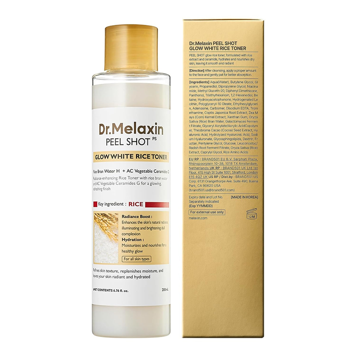 Dr.Melaxin Peel Shot Glow Rice Toner with Rice Extract & Ceramides, Hydrating & Skin Refining Face Toner for Glass Skin, Liposome Oil for Deep Moisture & Barrier Care, Korean Skincare, 6.76 fl.oz