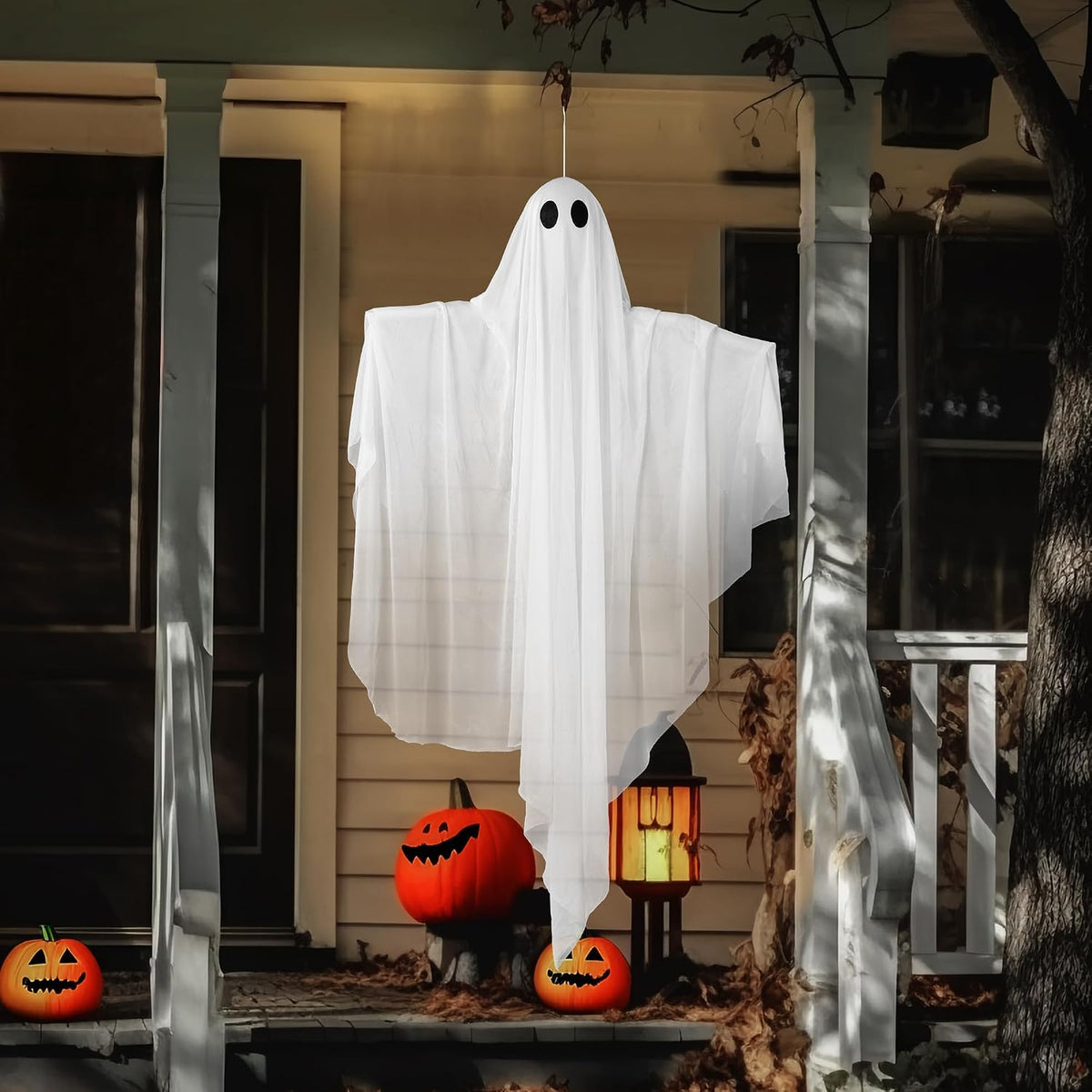 JOYIN Halloween Hanging Light up Ghost, 47" White Ghosts with Purple LED Light and Timer Halloween Hanging Decoration Waterproof for Front Yard Patio LawnGarden Party Decor Indoor Outdoor