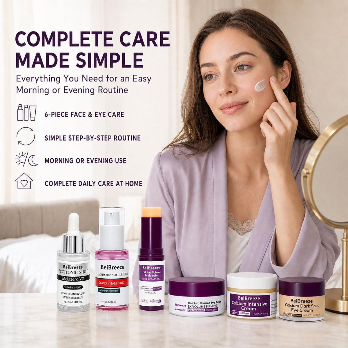 6-Piece Daily Skincare Set, Facial Care Kit with 2 Serums, Face Cream, Eye Cream, Under Eye Patches & Multi Balm Stick, Hydrating Moisturizing Routine
