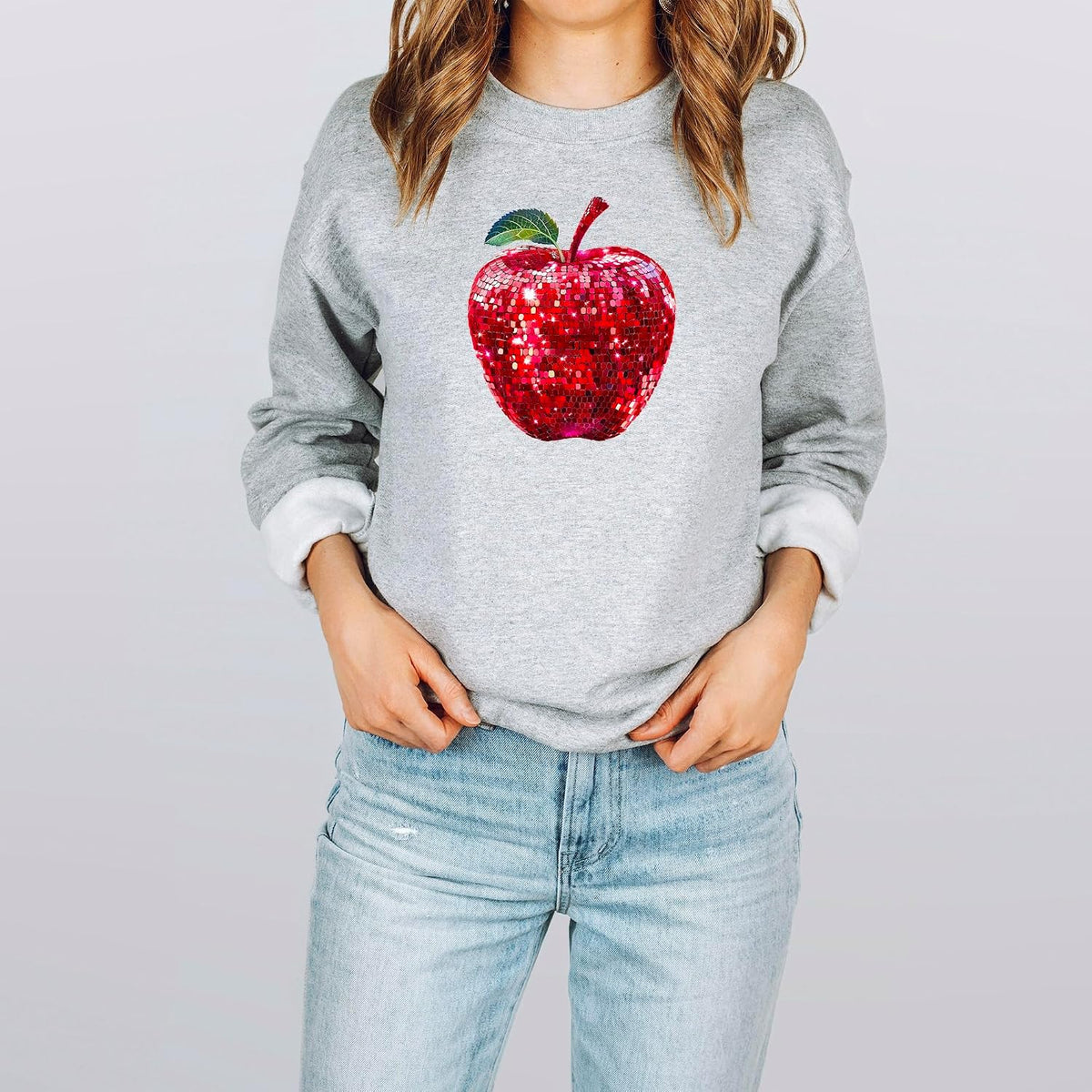 Red Disco Apple Sweatshirt for Women and Teens Faux Glitter Apple Pullover for Teachers and Students