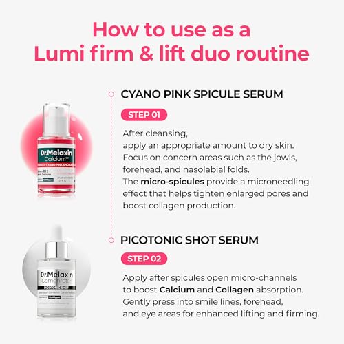 Dr.Melaxin Lumi firm & lift Duo | Korean facial Collagen Firming serum plumping skin & tightening refines skin repair density | Cyano Pink Spicule Serum + Picotonic Shot Ampoule