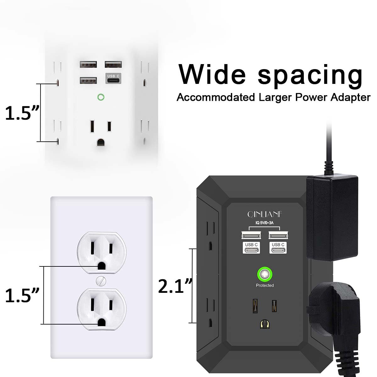 Wall Charger, Surge Protector, QINLIANF 5 Outlet Extender with 4 USB Ports