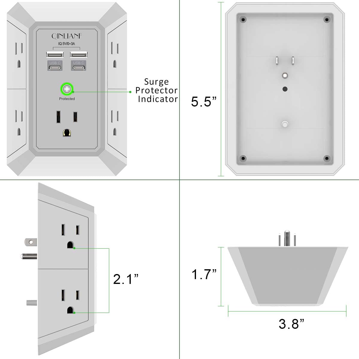 Wall Charger, Surge Protector, QINLIANF 5 Outlet Extender with 4 USB Ports