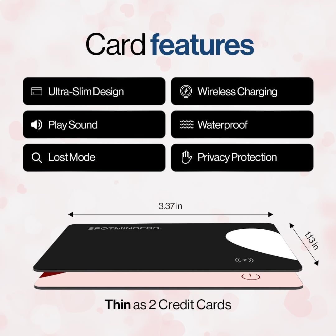 SPOTMINDERS Apple MFi Certified Wallet Tracker 2-Pack Black & Pink (iOS Only) Travel Pack for Couples 0.07in Works with Apple Find My Rechargeable Tracking Card Slim Item Finder for Luggage, Passport