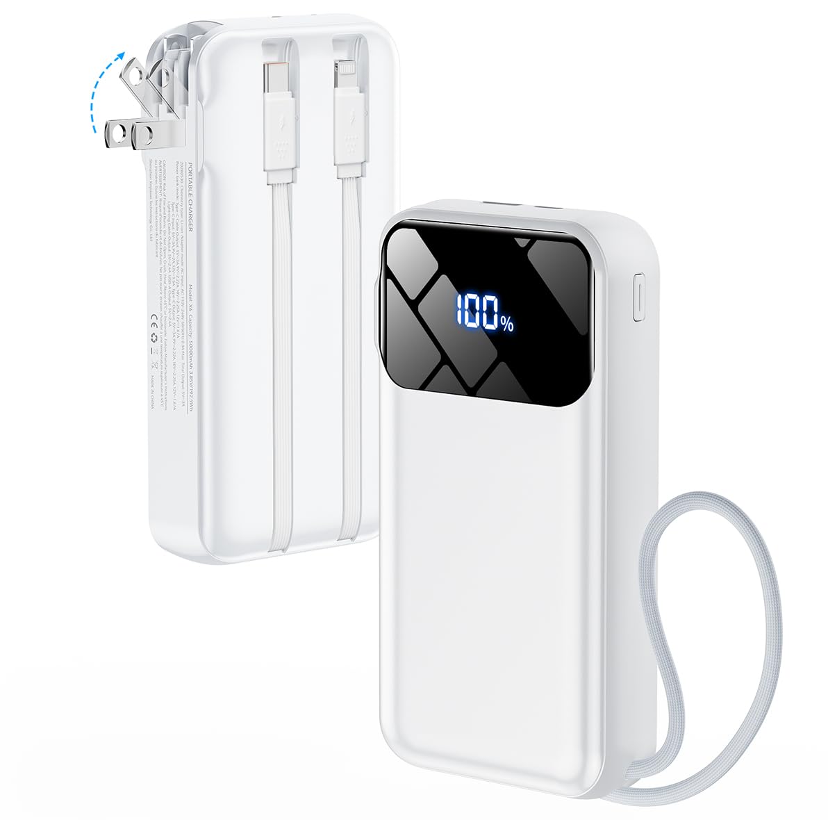 Portable Charger 50000mAh, Power Bank with Built-in Cables & Wall Plug