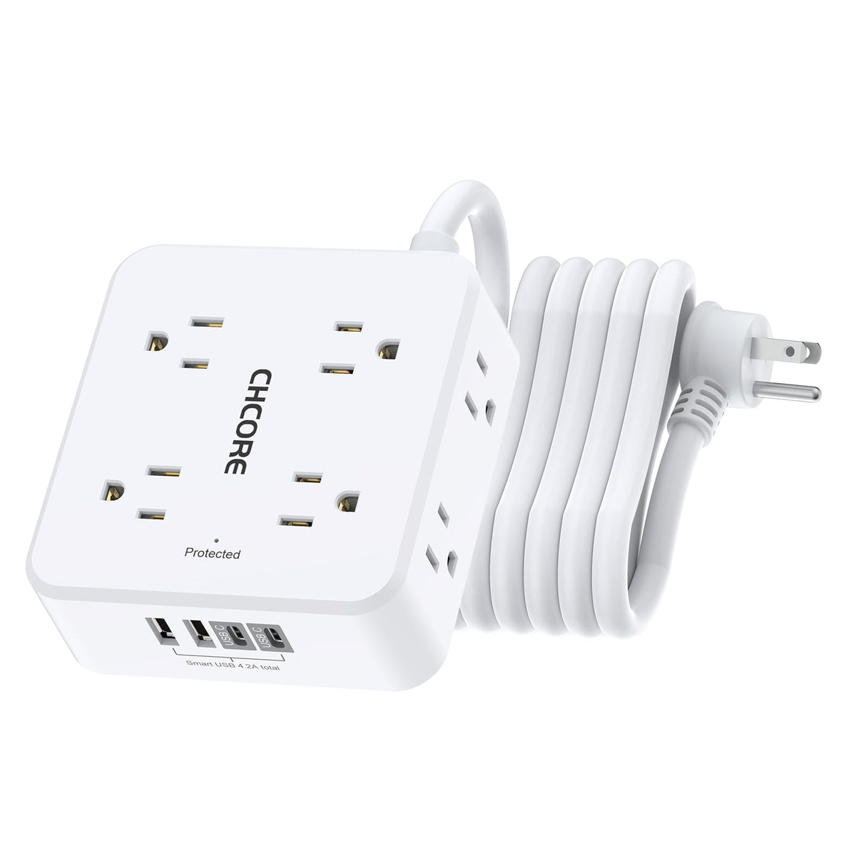Surge Protector Power Strip - CHCORE 6Ft Braided Extension Cord with 8 Outlets with 4 USB (2 USB C) Charging Ports, Flat Plug Multi Plug Outlet Extender Charging Station for Home Office, ETL, White