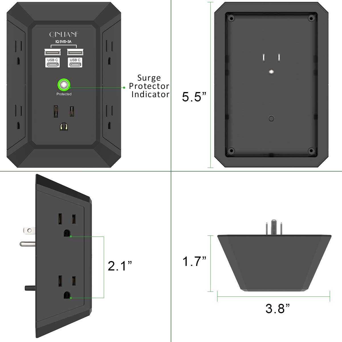 Wall Charger, Surge Protector, QINLIANF 5 Outlet Extender with 4 USB Ports