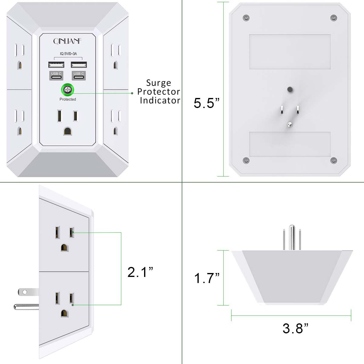 Wall Charger, Surge Protector, QINLIANF 5 Outlet Extender with 4 USB Ports