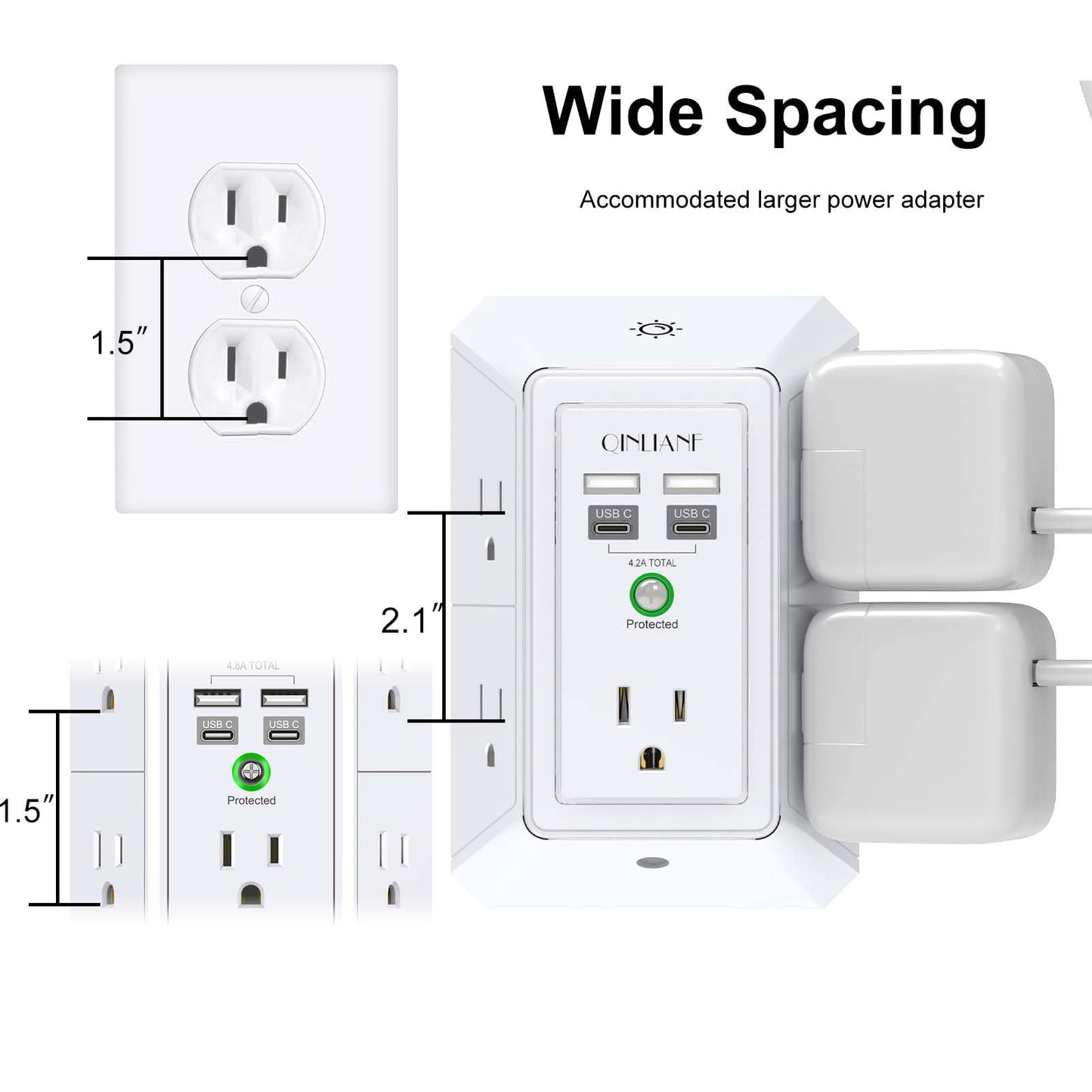 Wall Charger, Surge Protector, QINLIANF 5 Outlet Extender with 4 USB Ports