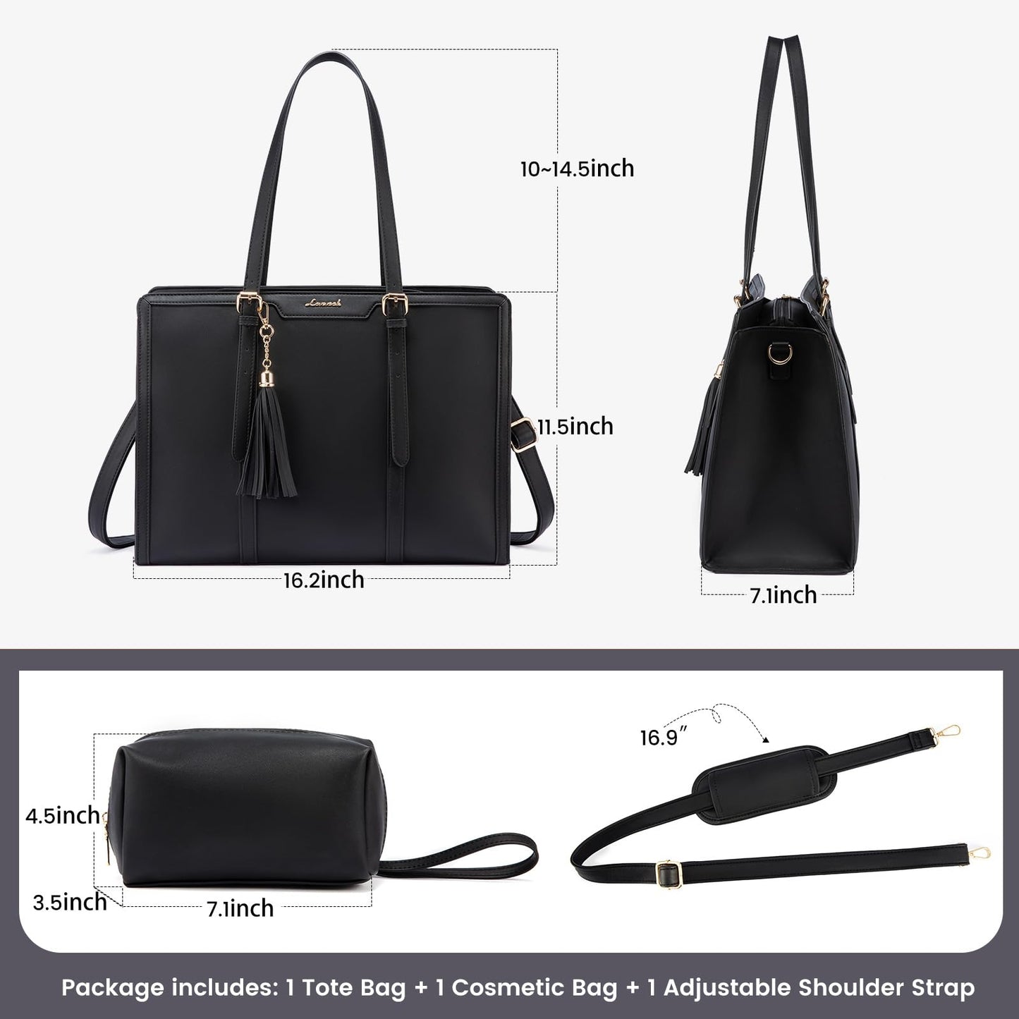 LOVEVOOK Laptop Bag for Women 15.6 inch Lightweight PU Laptop Tote Bag, Large Capacity Computer bag with Clutch Purse for Business, Work, Office, Travel, School,Casual(Black & Leather)