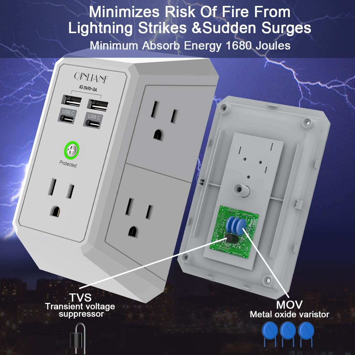 Wall Charger, Surge Protector, QINLIANF 5 Outlet Extender with 4 USB Ports