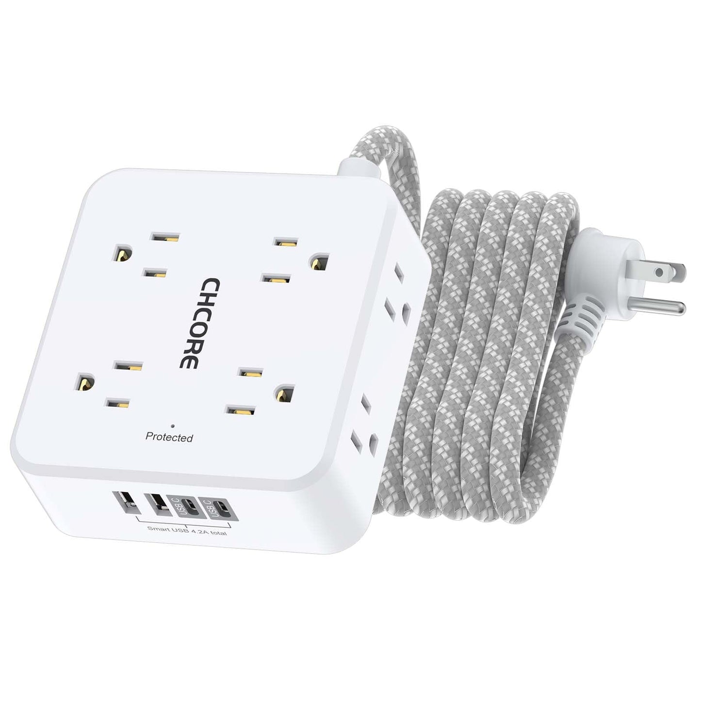 Surge Protector Power Strip - CHCORE 6Ft Braided Extension Cord with 8 Outlets with 4 USB (2 USB C) Charging Ports, Flat Plug Multi Plug Outlet Extender Charging Station for Home Office, ETL, White