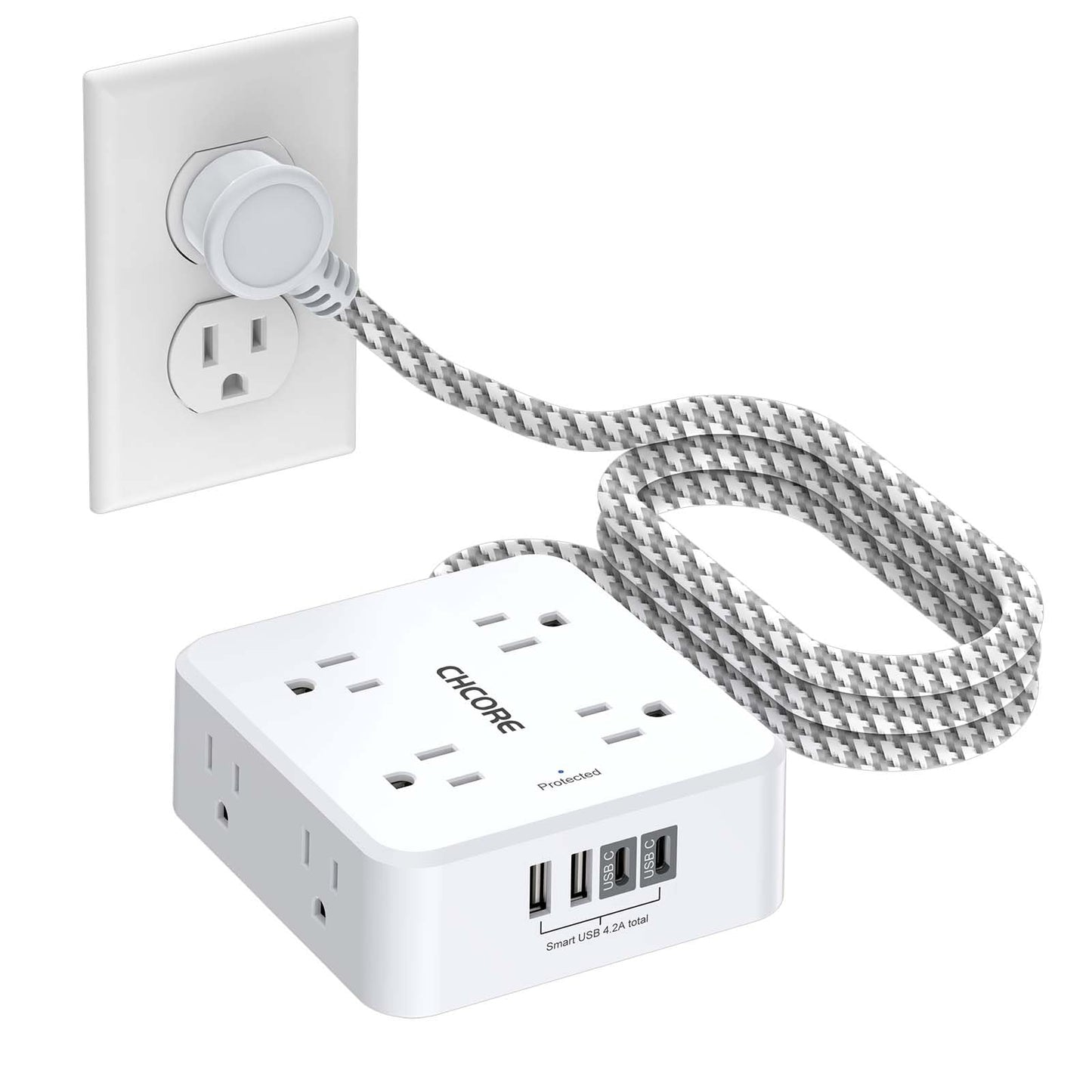 Surge Protector Power Strip - CHCORE 6Ft Braided Extension Cord with 8 Outlets with 4 USB (2 USB C) Charging Ports, Flat Plug Multi Plug Outlet Extender Charging Station for Home Office, ETL, White