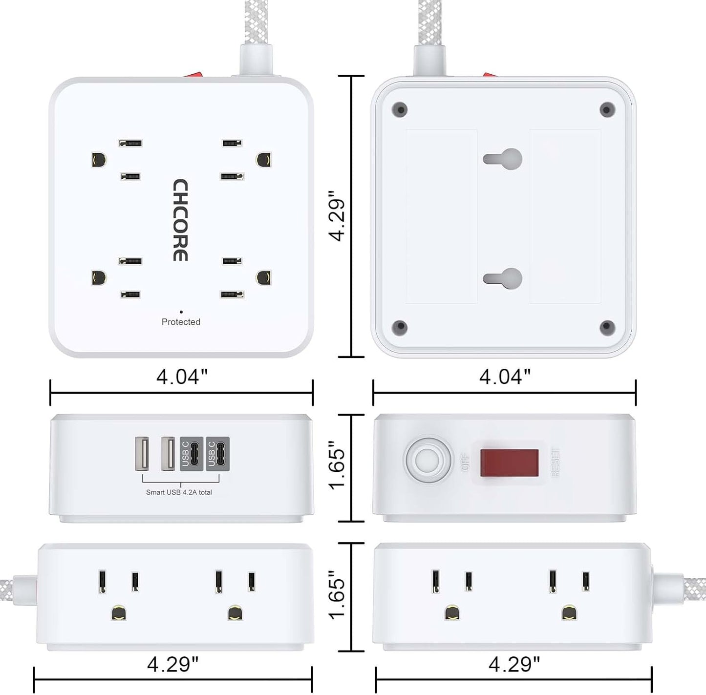 Surge Protector Power Strip - CHCORE 6Ft Braided Extension Cord with 8 Outlets with 4 USB (2 USB C) Charging Ports, Flat Plug Multi Plug Outlet Extender Charging Station for Home Office, ETL, White