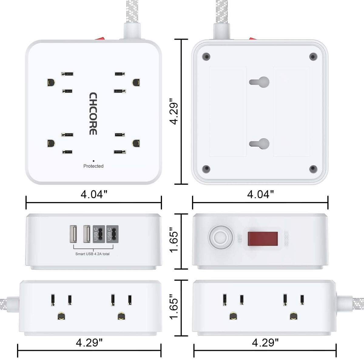 Surge Protector Power Strip - CHCORE 6Ft Braided Extension Cord with 8 Outlets with 4 USB (2 USB C) Charging Ports, Flat Plug Multi Plug Outlet Extender Charging Station for Home Office, ETL, White