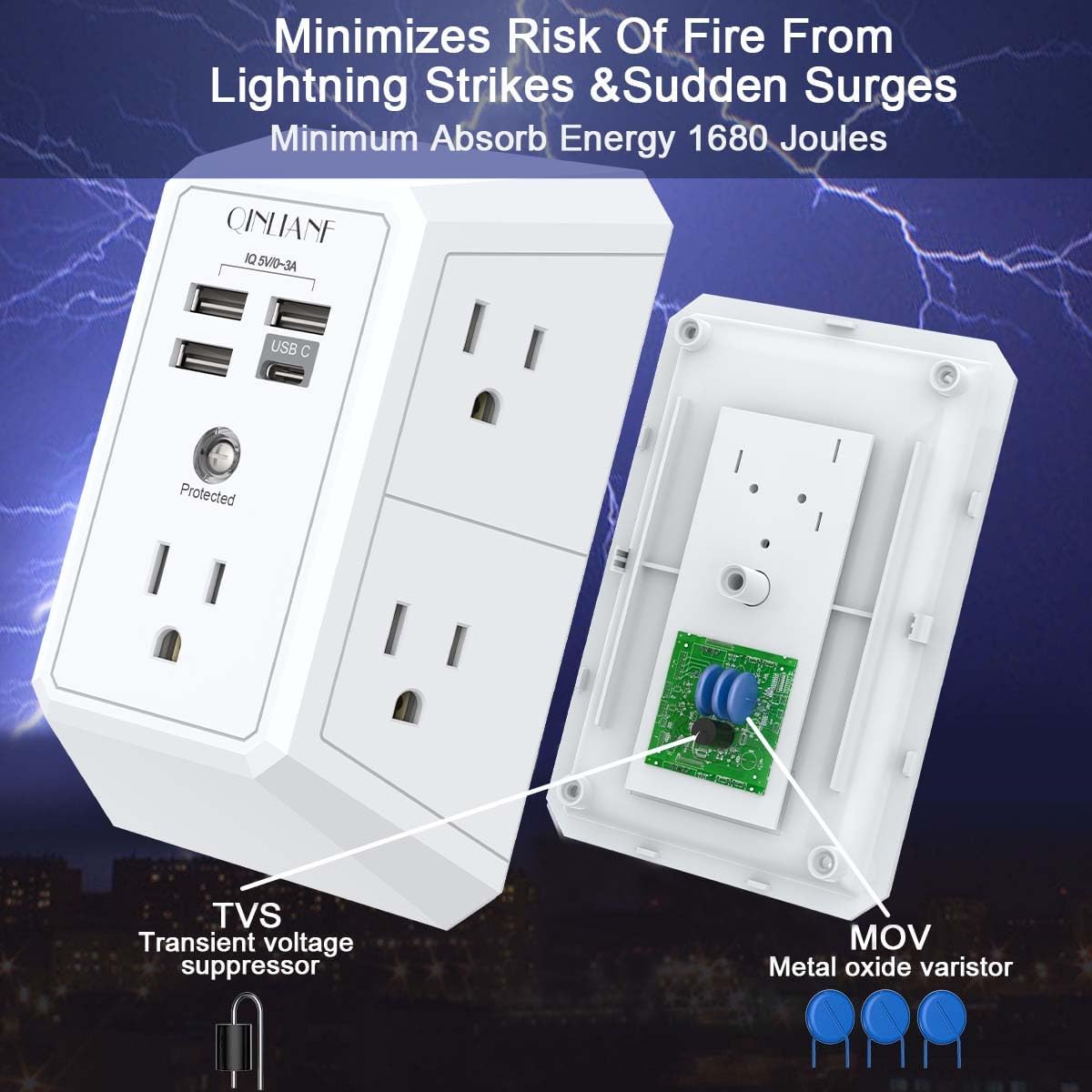 Wall Charger, Surge Protector, QINLIANF 5 Outlet Extender with 4 USB Ports
