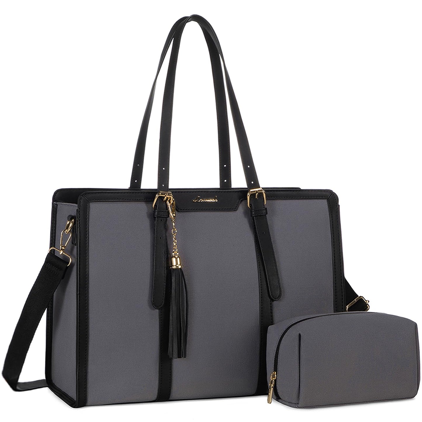 LOVEVOOK Laptop Bag for Women 15.6 inch Lightweight PU Laptop Tote Bag, Large Capacity Computer bag with Clutch Purse for Business, Work, Office, Travel, School,Casual(Black & Leather)