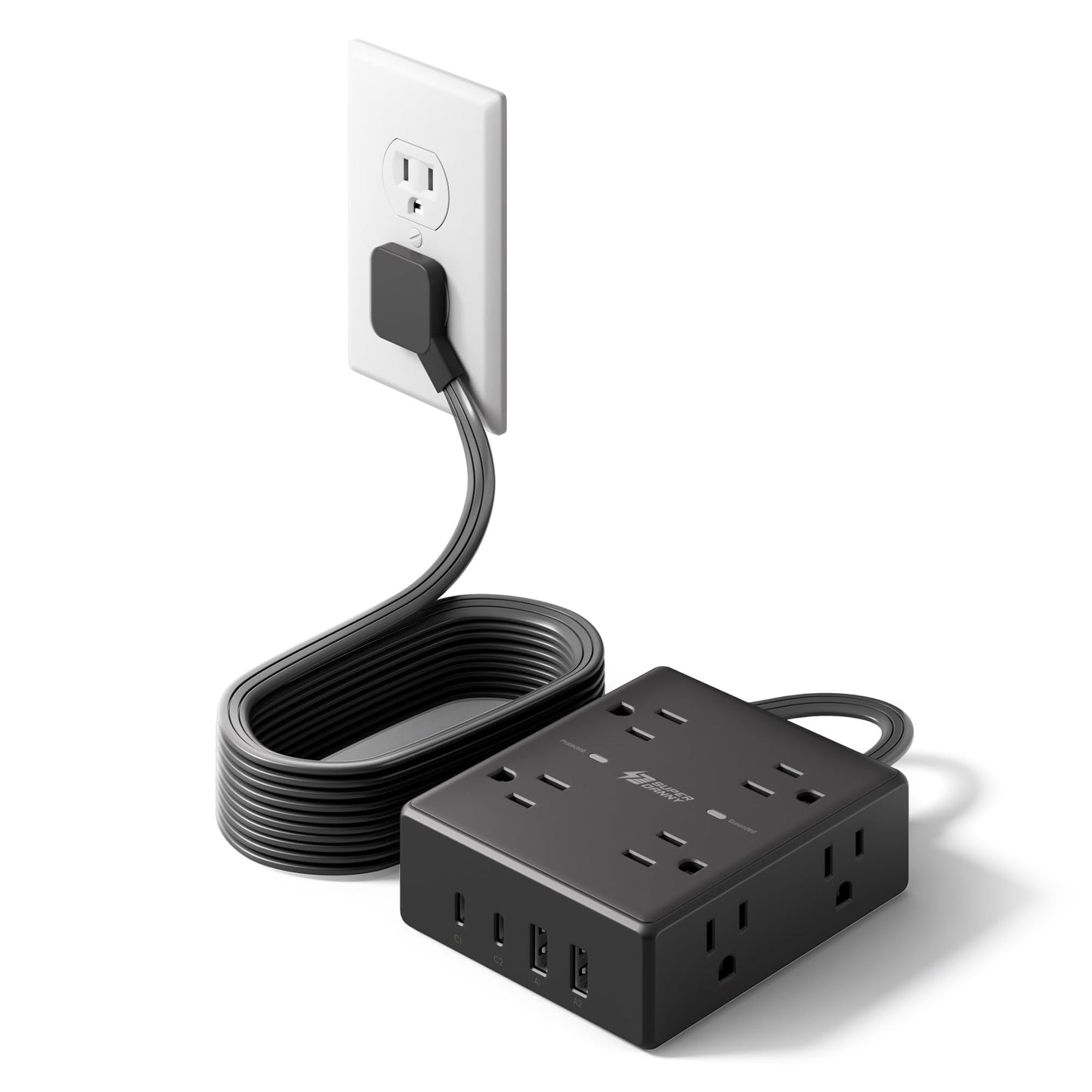 SUPERDANNY Extension Cord,Flat Plug Surge Protector Power Strip,10Ft