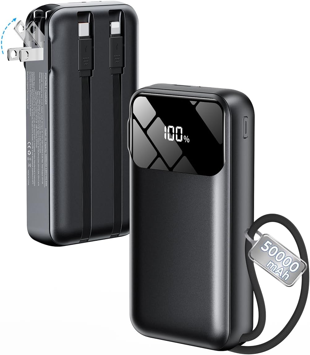 Portable Charger 50000mAh, Power Bank with Built-in Cables & Wall Plug