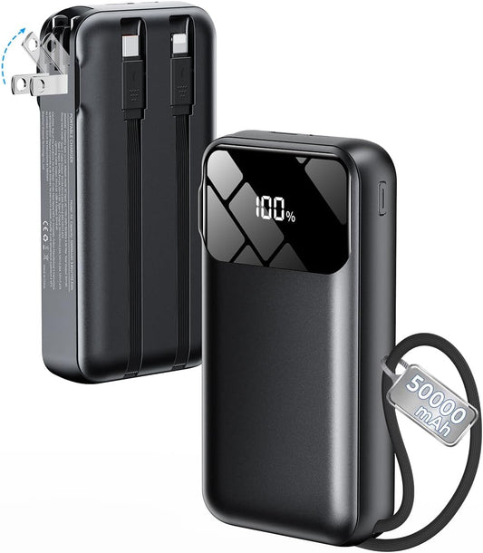 Portable Charger 50000mAh, Power Bank with Built-in Cables & Wall Plug
