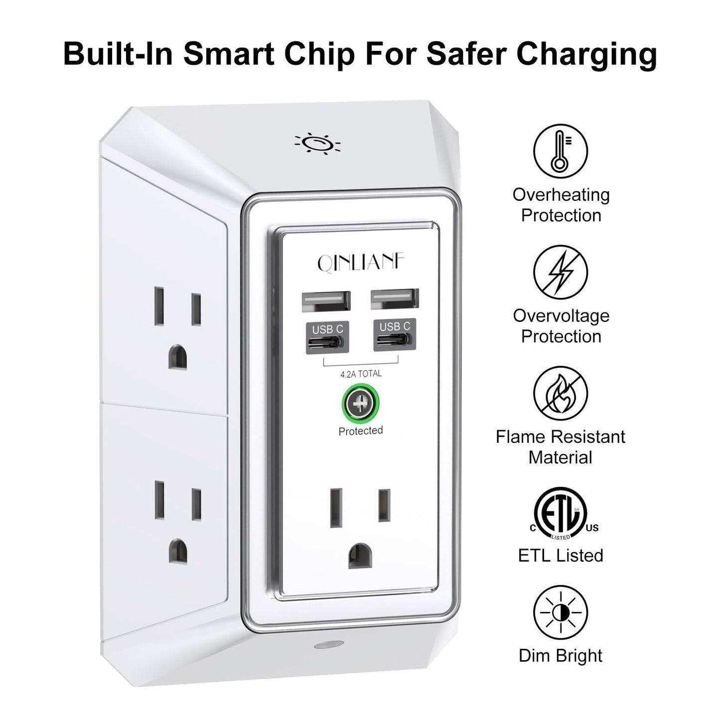 Wall Charger, Surge Protector, QINLIANF 5 Outlet Extender with 4 USB Ports