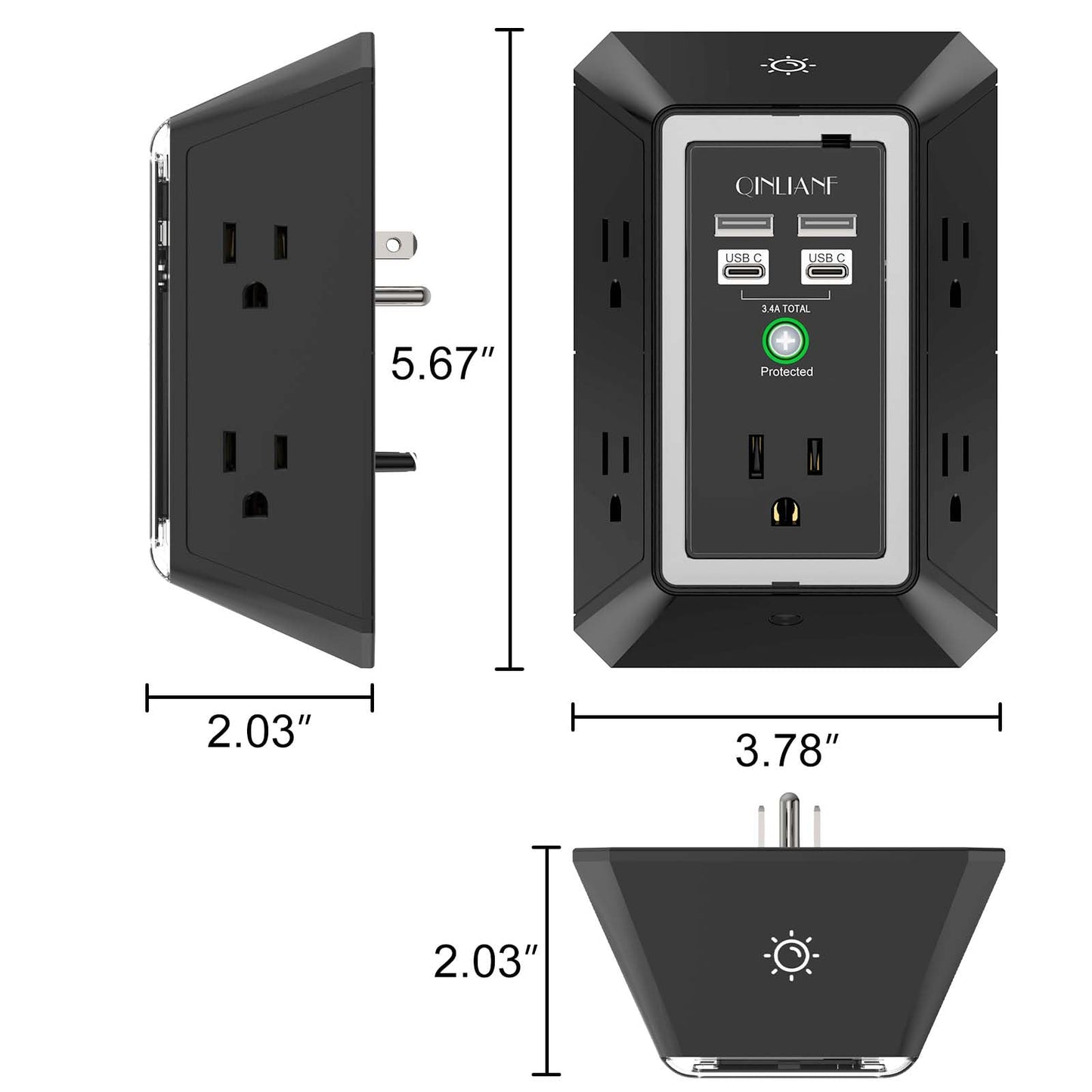 Wall Charger, Surge Protector, QINLIANF 5 Outlet Extender with 4 USB Ports