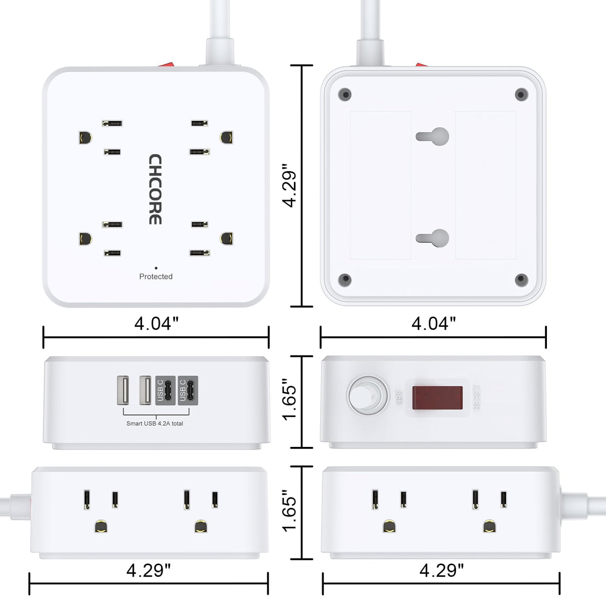 Surge Protector Power Strip - CHCORE 6Ft Braided Extension Cord with 8 Outlets with 4 USB (2 USB C) Charging Ports, Flat Plug Multi Plug Outlet Extender Charging Station for Home Office, ETL, White