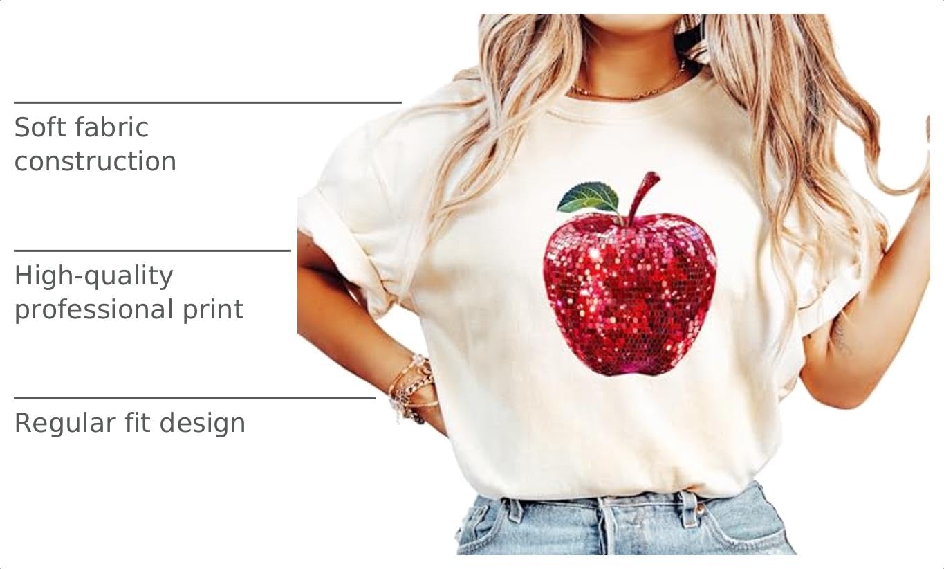 Red Disco Apple Shirt for Women & Teens Faux Glitter Apple Tee for Teachers and Students