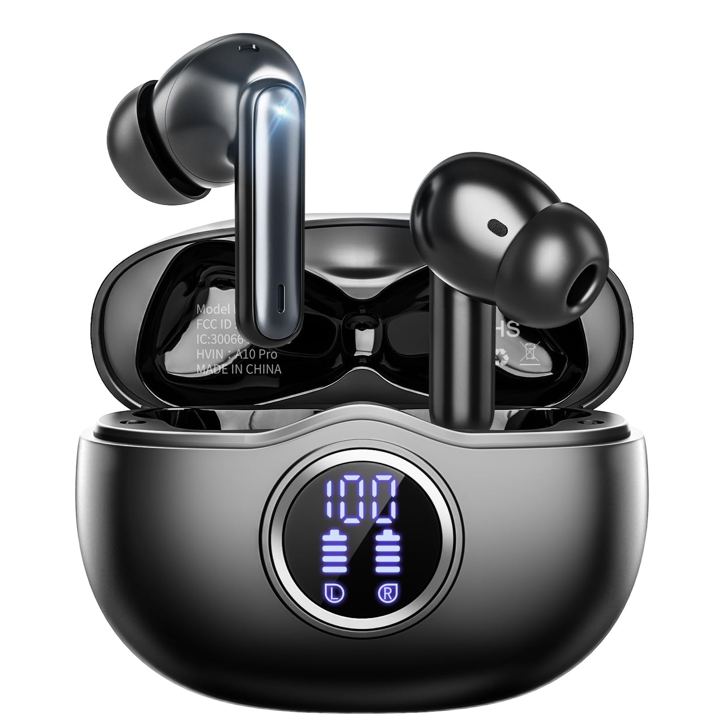Wireless Earbuds, Bluetooth 5.3 Headphones HiFi Stereo 50H Playback LED Digital Display Ear Buds with ENC Noise Canceling Headset, IPX7 Waterproof Earphones for Gym/Running/Work(Black)