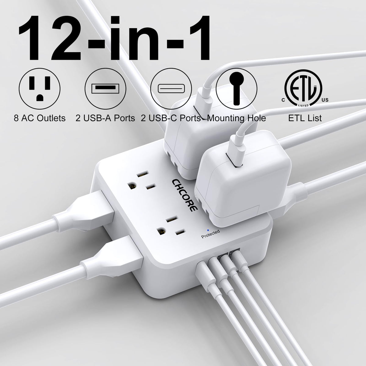 Surge Protector Power Strip - CHCORE 6Ft Braided Extension Cord with 8 Outlets with 4 USB (2 USB C) Charging Ports, Flat Plug Multi Plug Outlet Extender Charging Station for Home Office, ETL, White