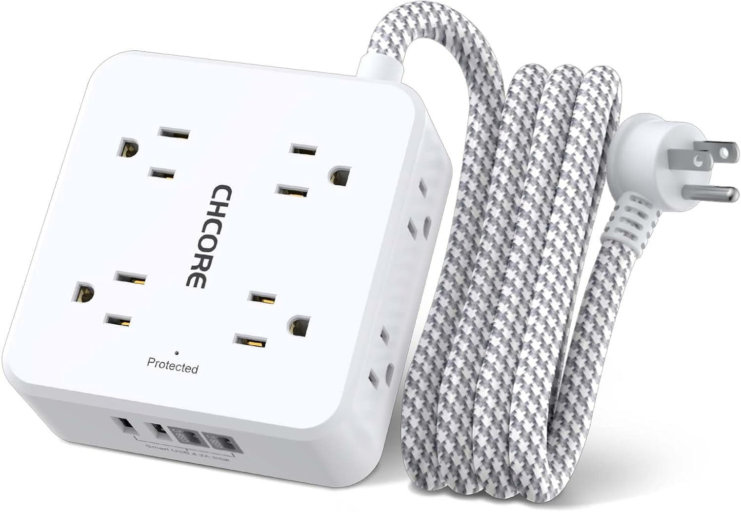 Surge Protector Power Strip - CHCORE 6Ft Braided Extension Cord with 8 Outlets with 4 USB (2 USB C) Charging Ports, Flat Plug Multi Plug Outlet Extender Charging Station for Home Office, ETL, White
