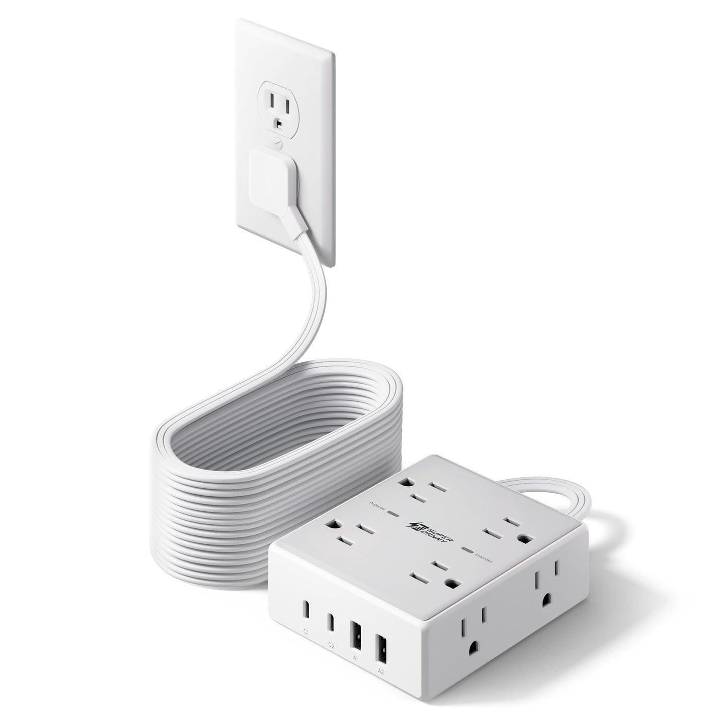SUPERDANNY Extension Cord,Flat Plug Surge Protector Power Strip,10Ft