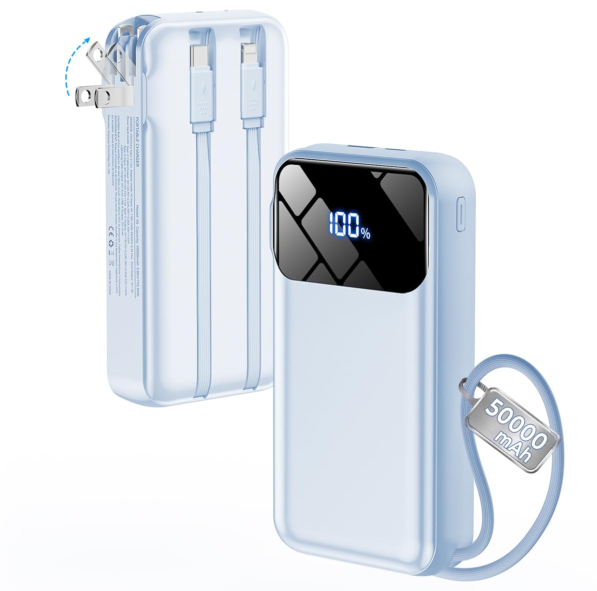 Portable Charger 50000mAh, Power Bank with Built-in Cables & Wall Plug