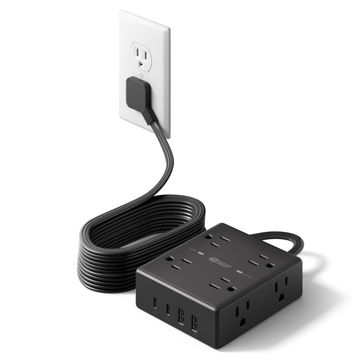 SUPERDANNY Extension Cord,Flat Plug Surge Protector Power Strip,10Ft