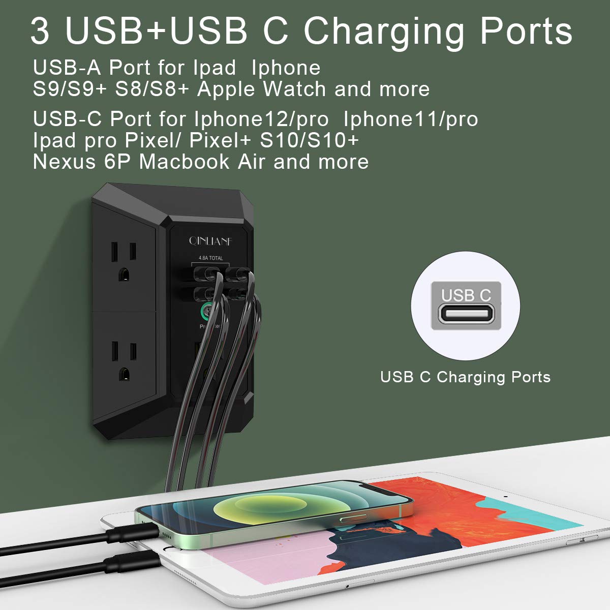 Wall Charger, Surge Protector, QINLIANF 5 Outlet Extender with 4 USB Ports