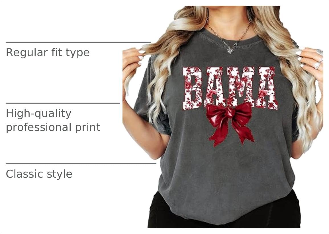 Bama Red Floral Bow Shirt for Women & Teens Trendy Alabama School Sports Fan Tee