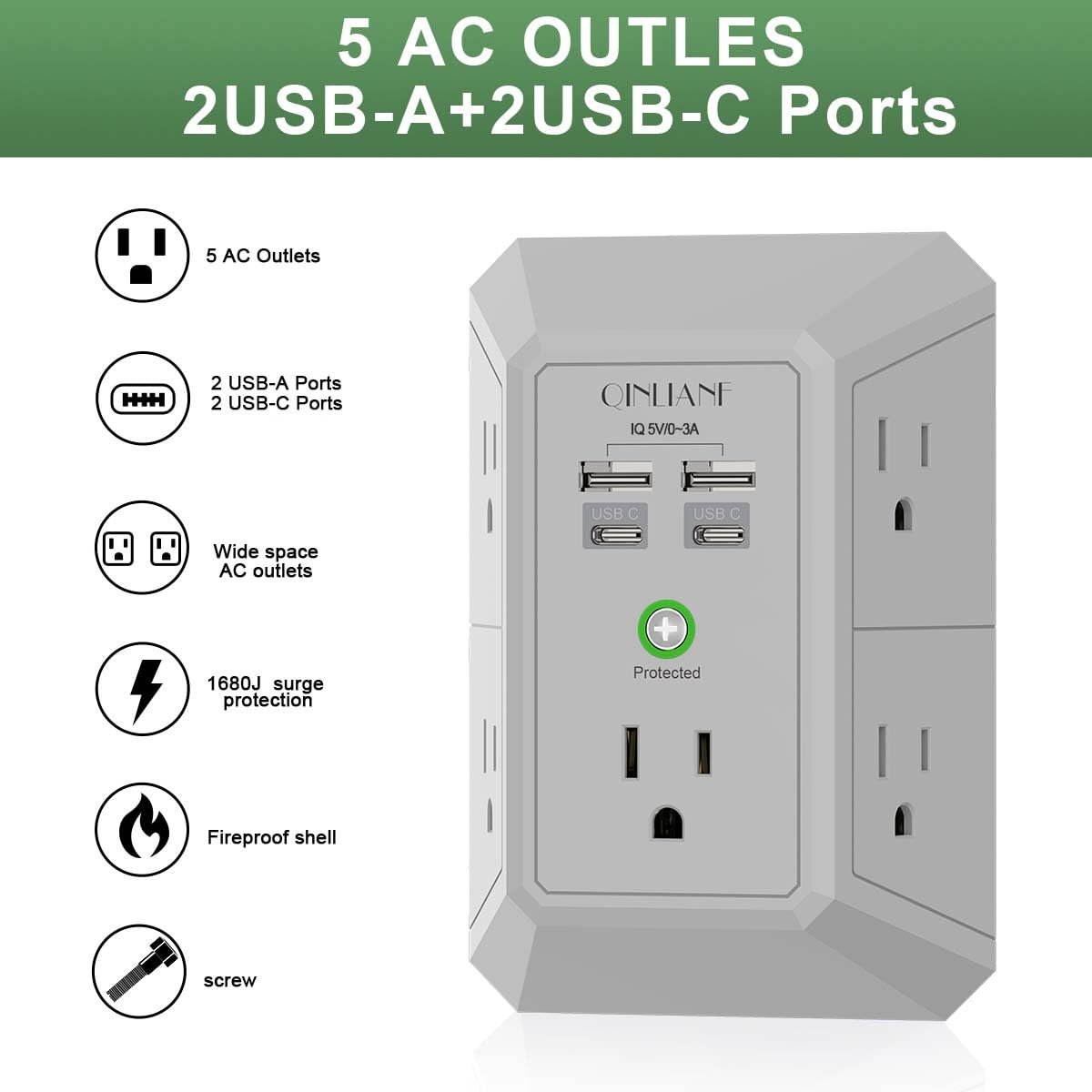 Wall Charger, Surge Protector, QINLIANF 5 Outlet Extender with 4 USB Ports