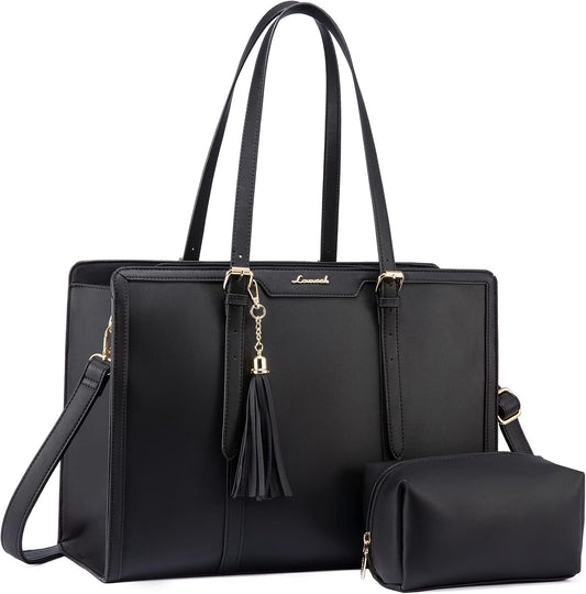 LOVEVOOK Laptop Bag for Women 15.6 inch Lightweight PU Laptop Tote Bag, Large Capacity Computer bag with Clutch Purse for Business, Work, Office, Travel, School,Casual(Black & Leather)