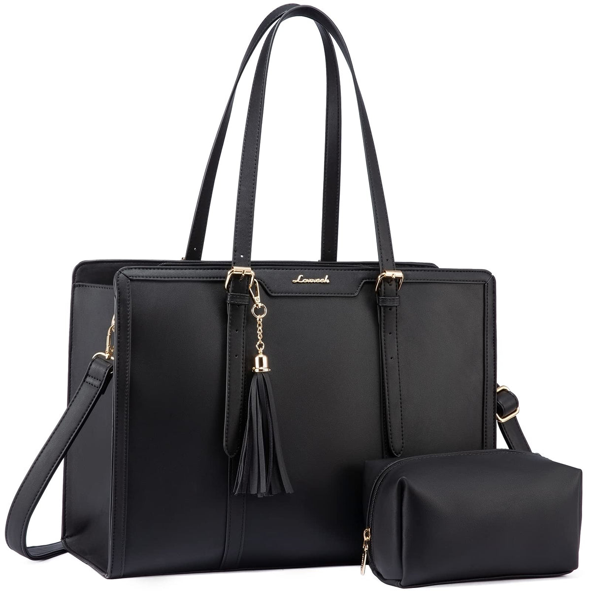 LOVEVOOK Laptop Bag for Women 15.6 inch Lightweight PU Laptop Tote Bag, Large Capacity Computer bag with Clutch Purse for Business, Work, Office, Travel, School,Casual(Black & Leather)