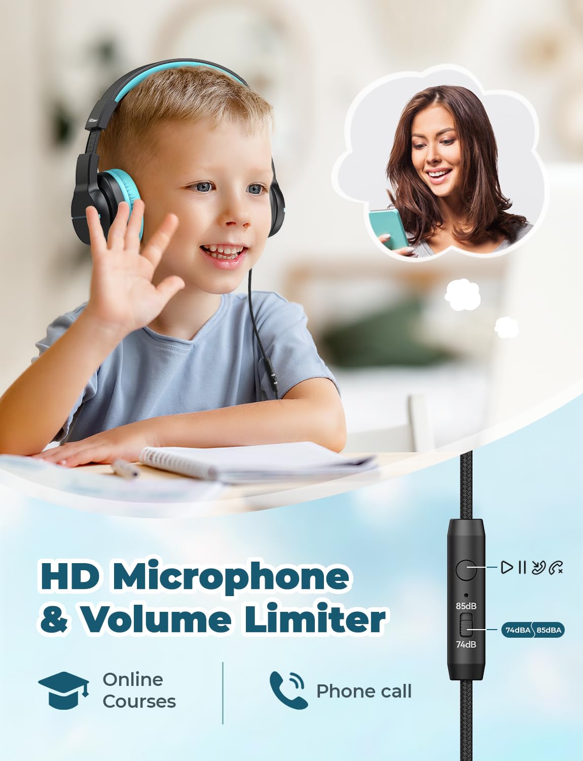 iClever HS19S Kids Headphones for School, Over-Ear for Toddler Boys Girls