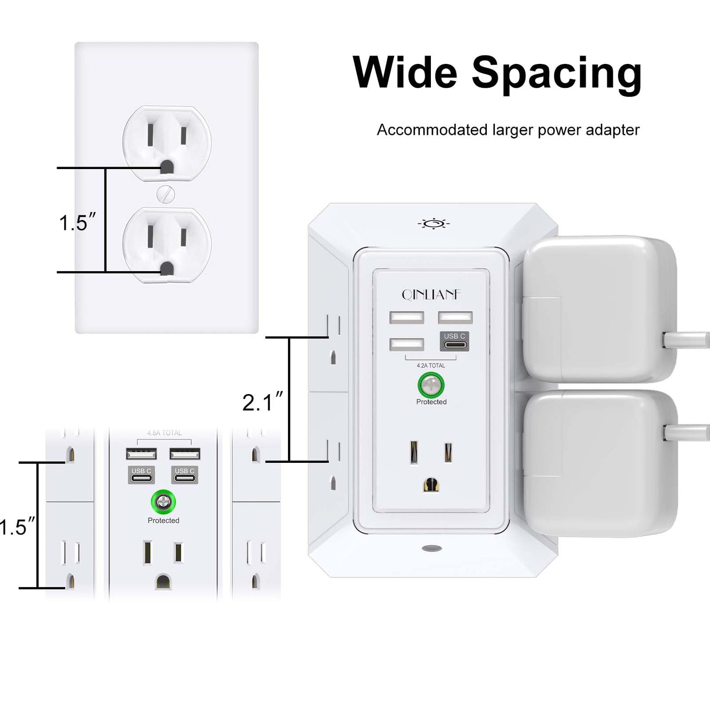 Wall Charger, Surge Protector, QINLIANF 5 Outlet Extender with 4 USB Ports