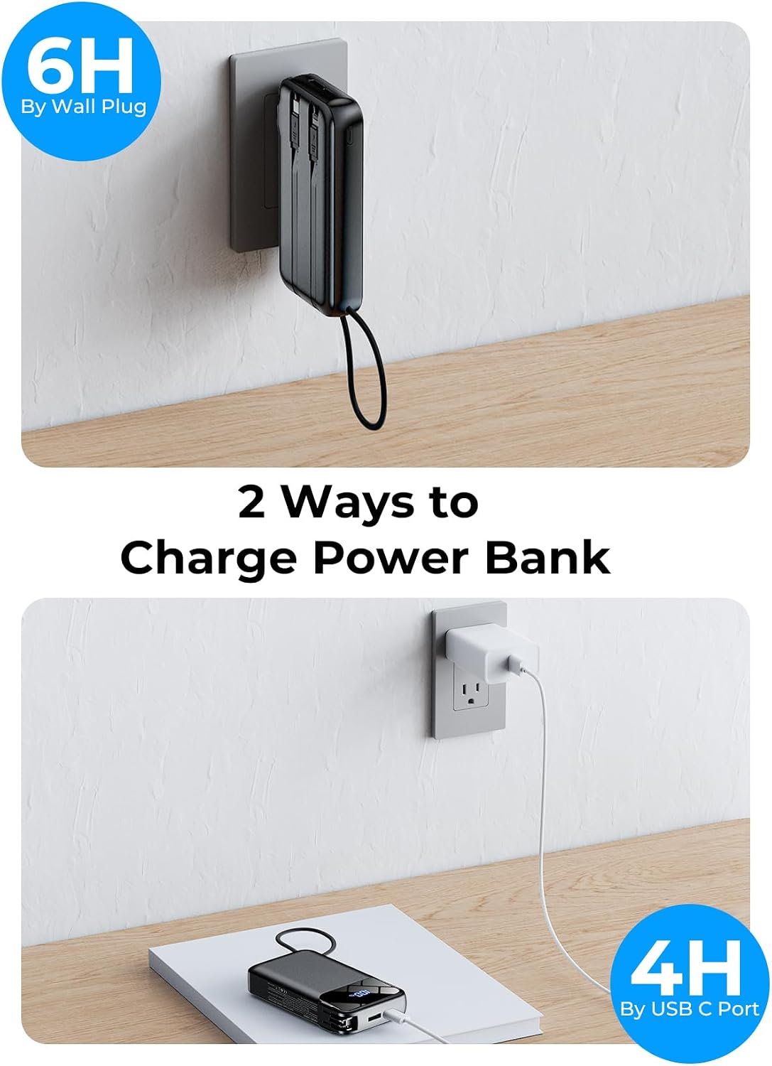 Portable Charger 50000mAh, Power Bank with Built-in Cables & Wall Plug