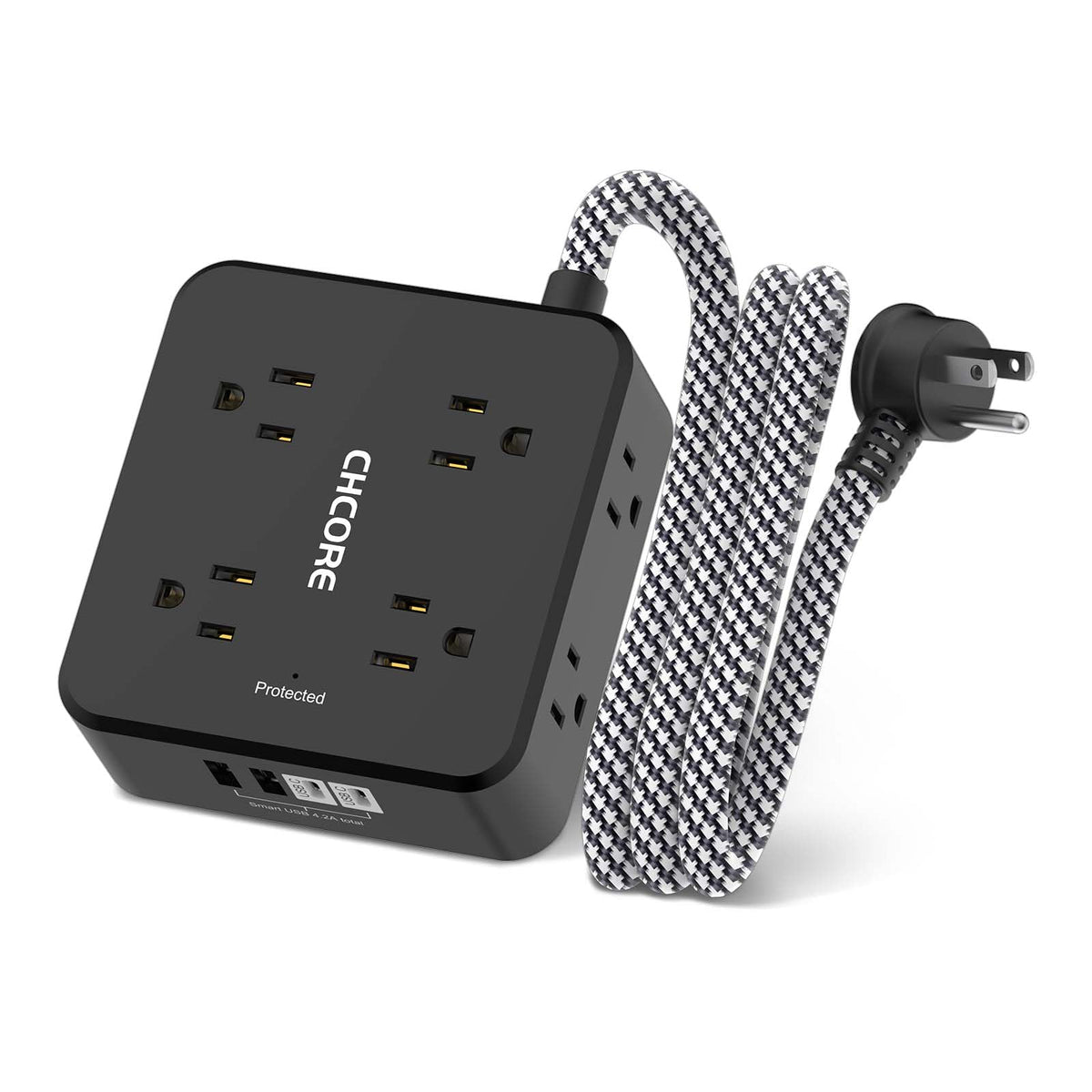 Surge Protector Power Strip - CHCORE 6Ft Braided Extension Cord with 8 Outlets with 4 USB (2 USB C) Charging Ports, Flat Plug Multi Plug Outlet Extender Charging Station for Home Office, ETL, White