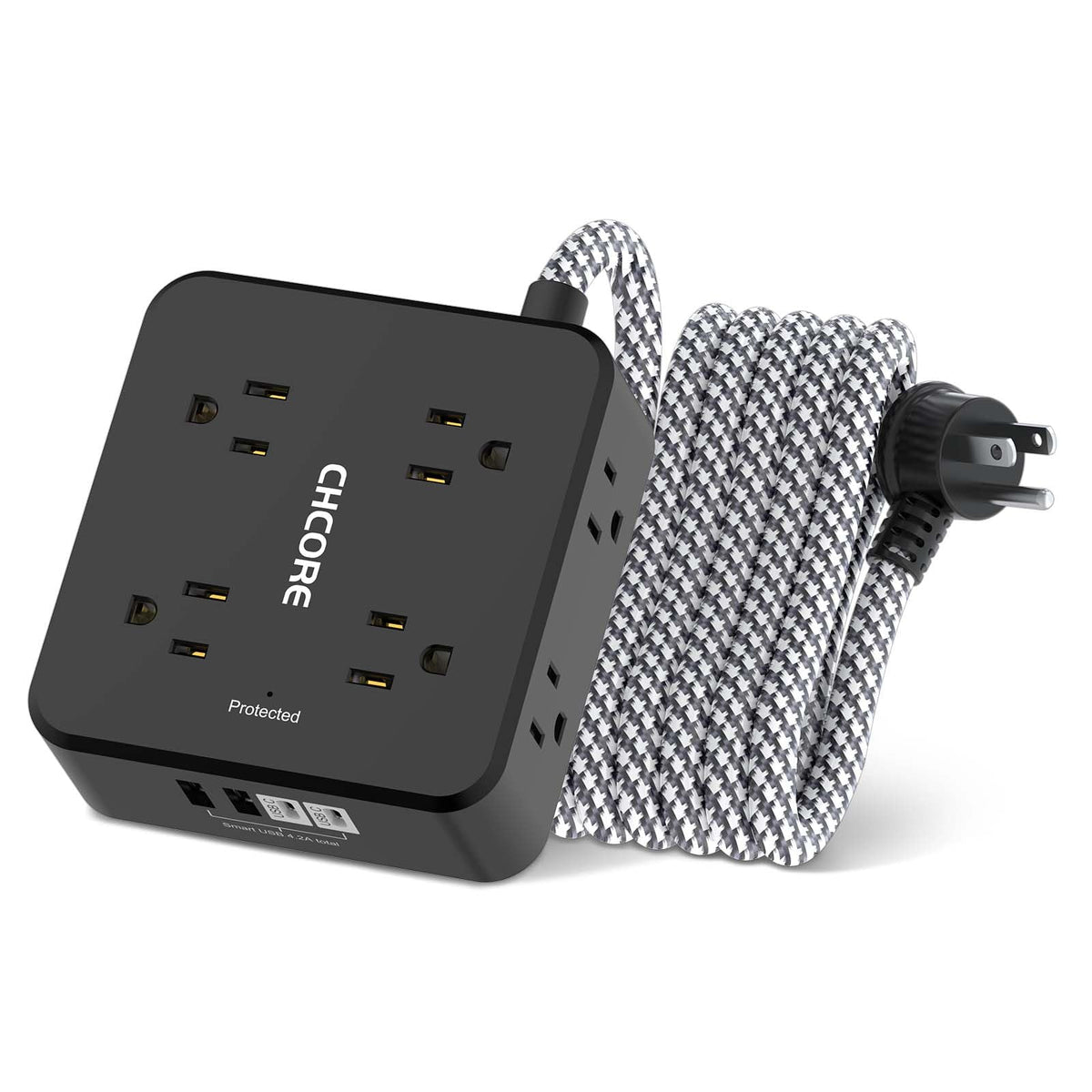 Surge Protector Power Strip - CHCORE 6Ft Braided Extension Cord with 8 Outlets with 4 USB (2 USB C) Charging Ports, Flat Plug Multi Plug Outlet Extender Charging Station for Home Office, ETL, White