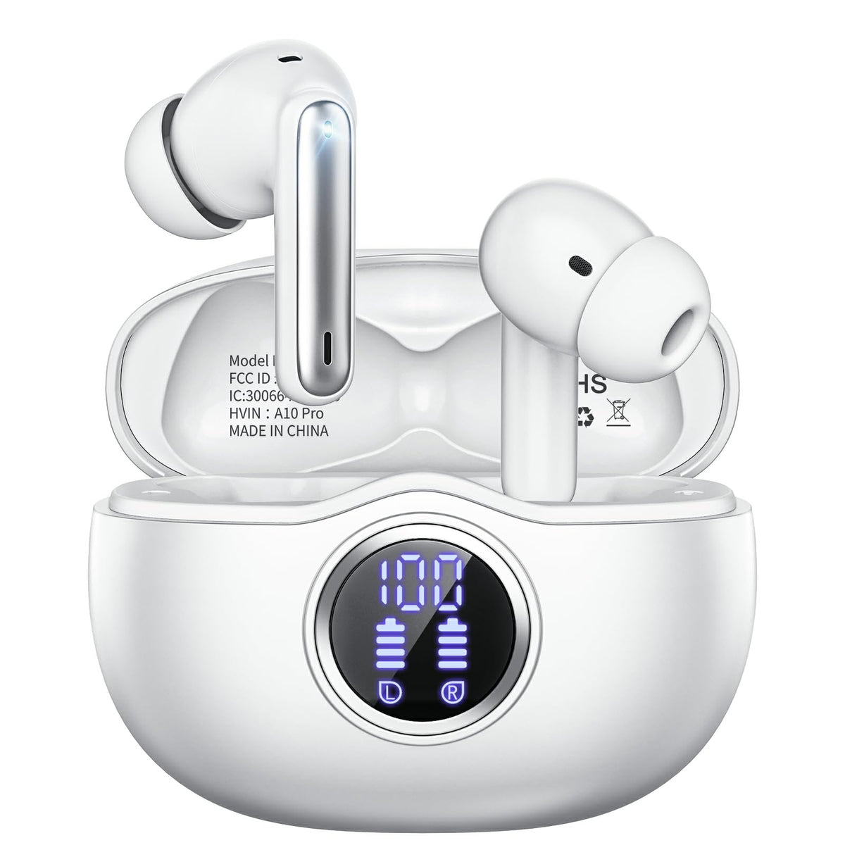 Wireless Earbuds, Bluetooth 5.3 Headphones HiFi Stereo 50H Playback LED Digital Display Ear Buds with ENC Noise Canceling Headset, IPX7 Waterproof Earphones for Gym/Running/Work(Black)