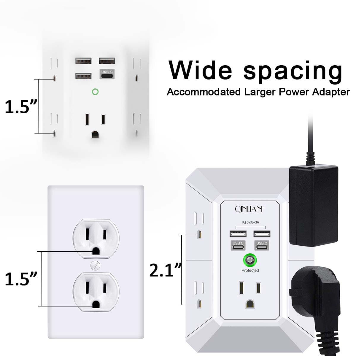 Wall Charger, Surge Protector, QINLIANF 5 Outlet Extender with 4 USB Ports